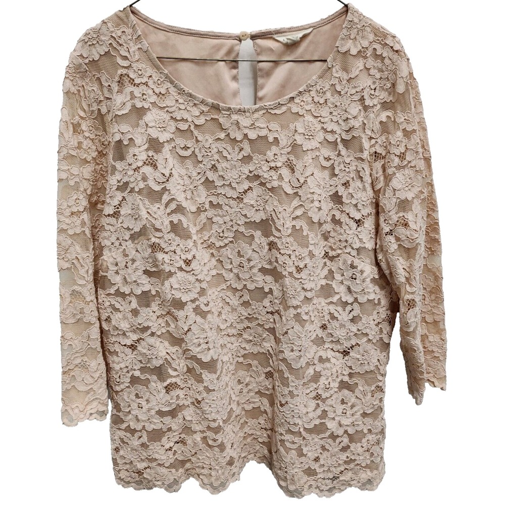 Adiva Lace Top Womens 1X Beige Floral 3/4 Sleeve Romantic Fairy Cottagecore